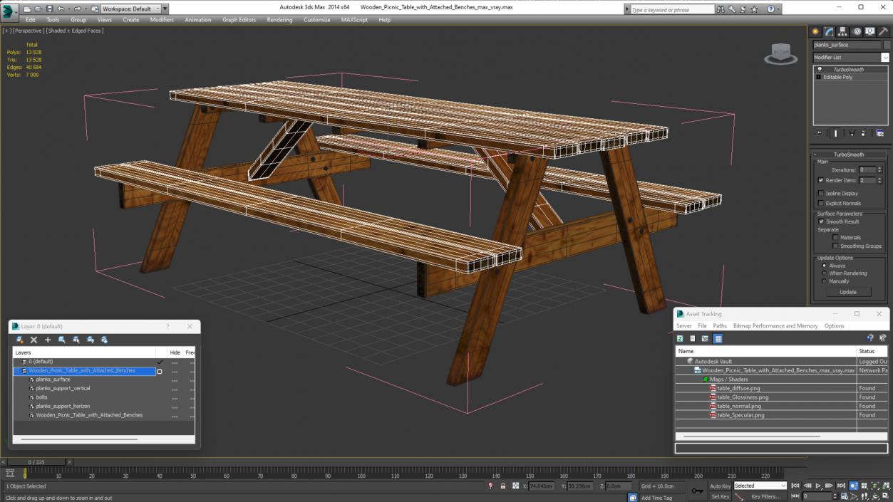 3D Wooden Picnic Table with Attached Benches