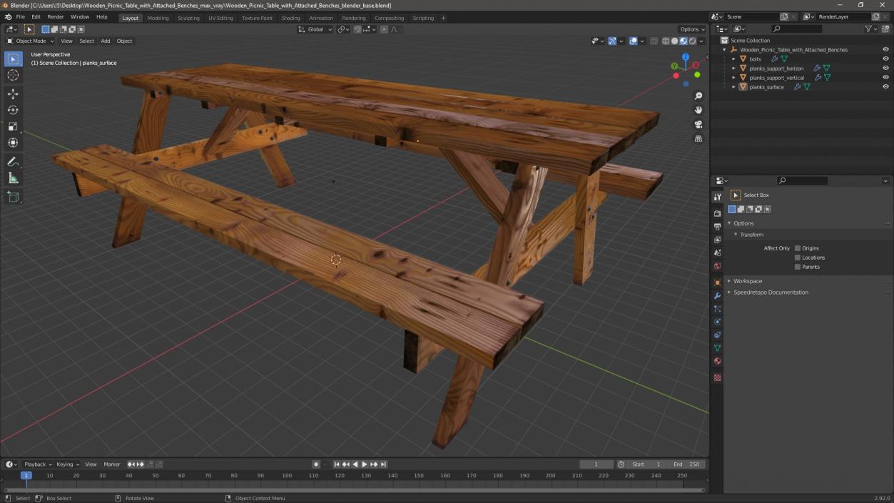 3D Wooden Picnic Table with Attached Benches