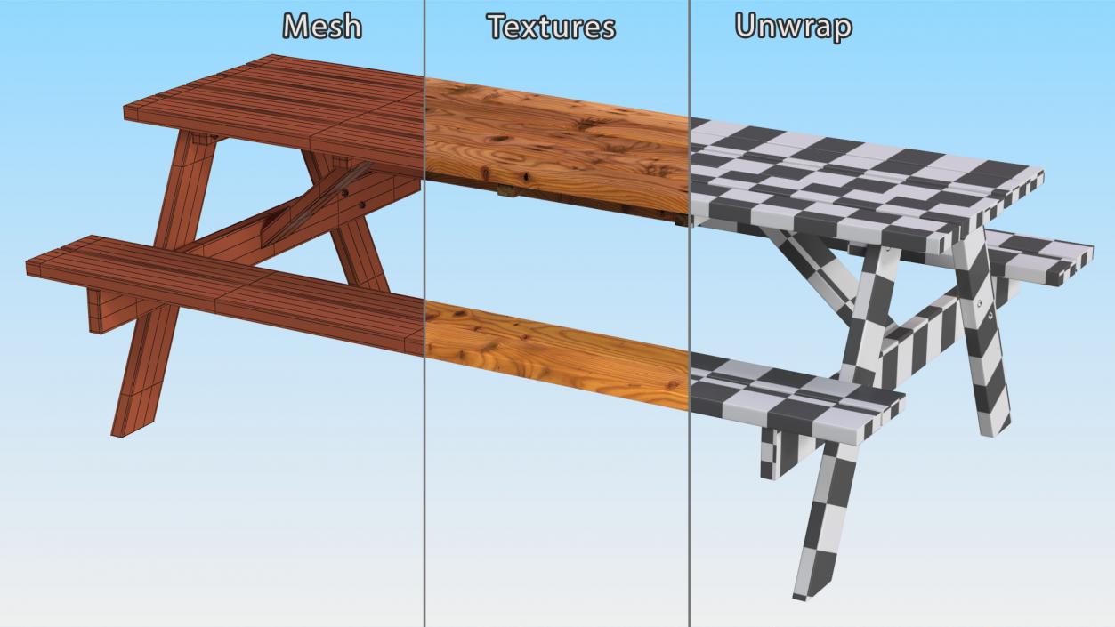 3D Wooden Picnic Table with Attached Benches