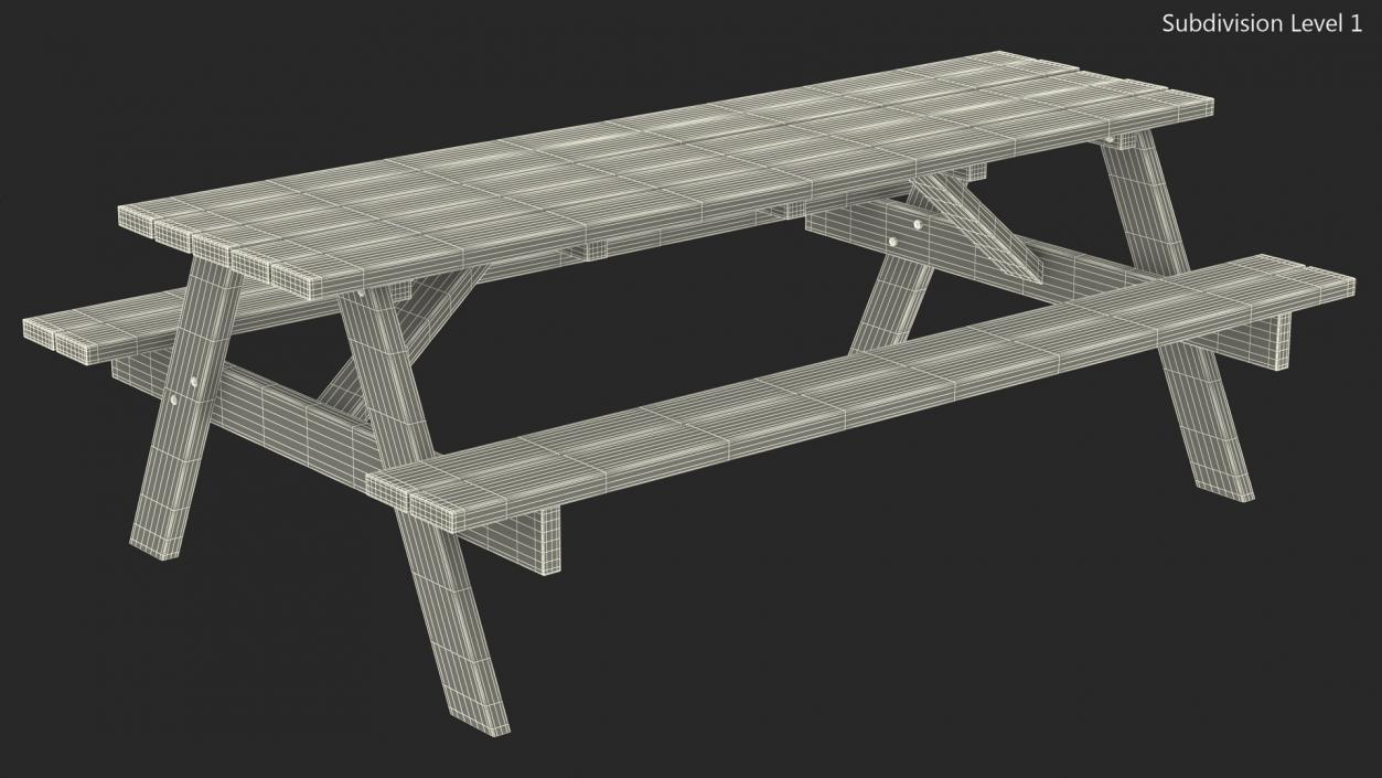 3D Wooden Picnic Table with Attached Benches