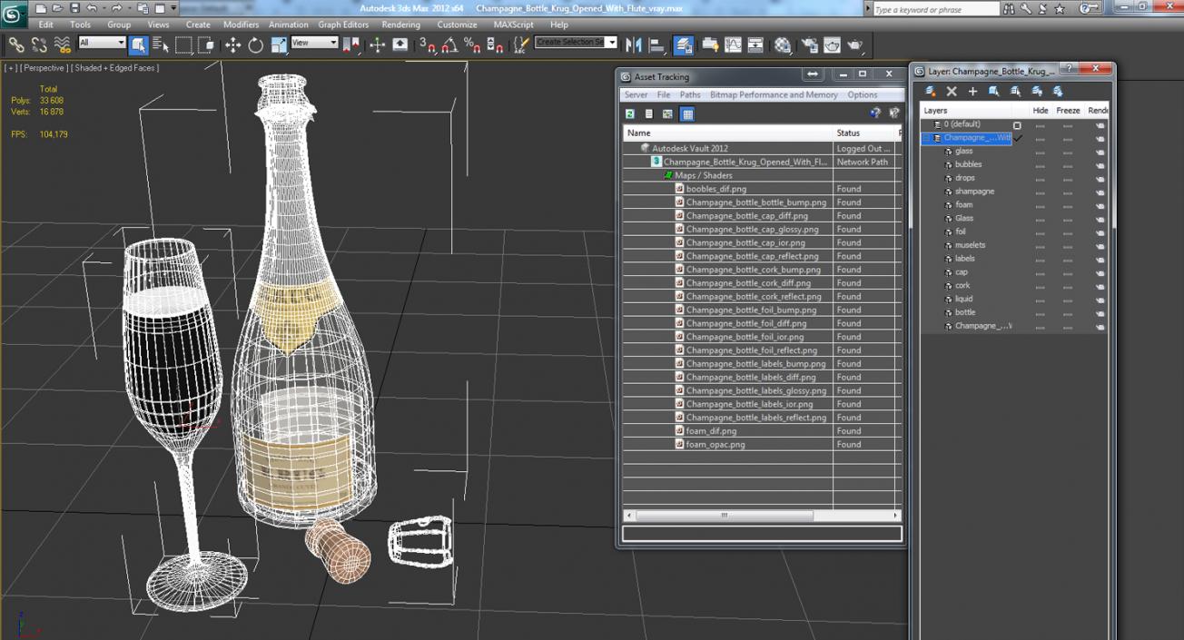 Champagne Bottle Krug Opened With Flute 3D model