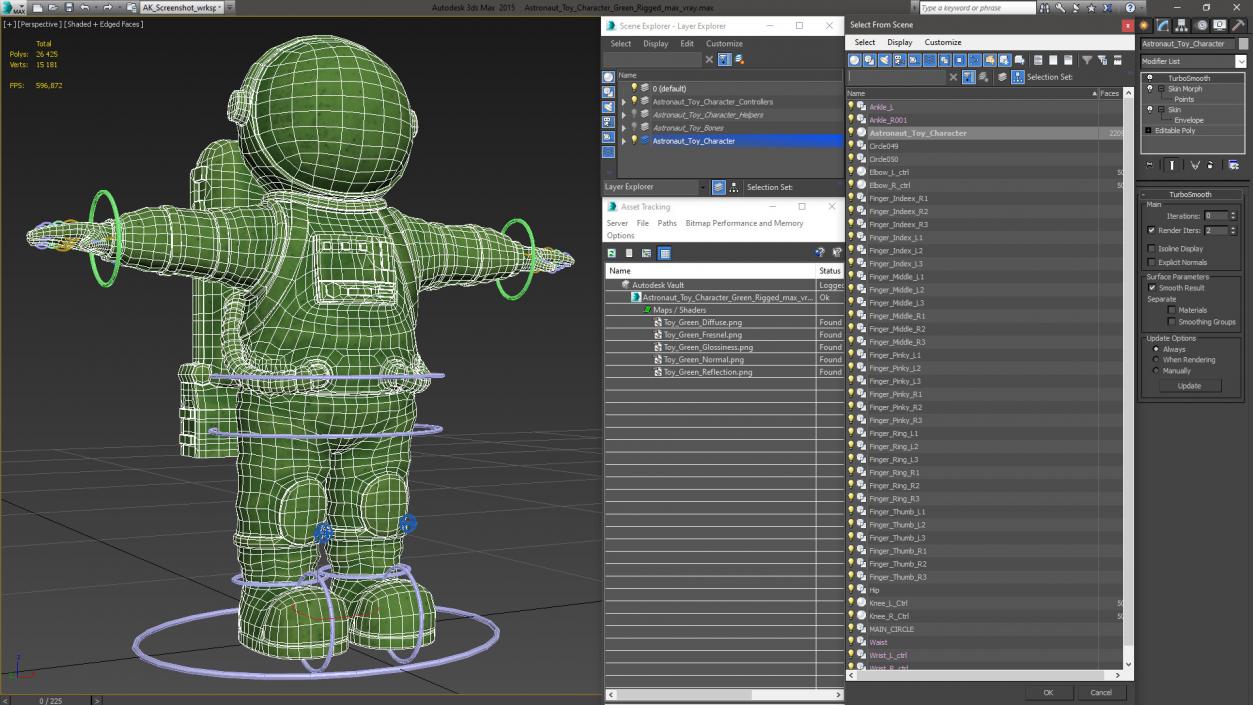 3D model Astronaut Toy Character Green Rigged for Cinema 4D