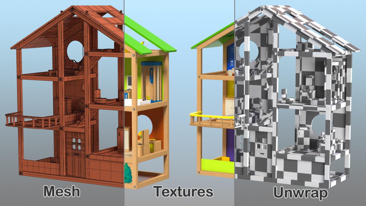 3D Wooden Dollhouse Furnished