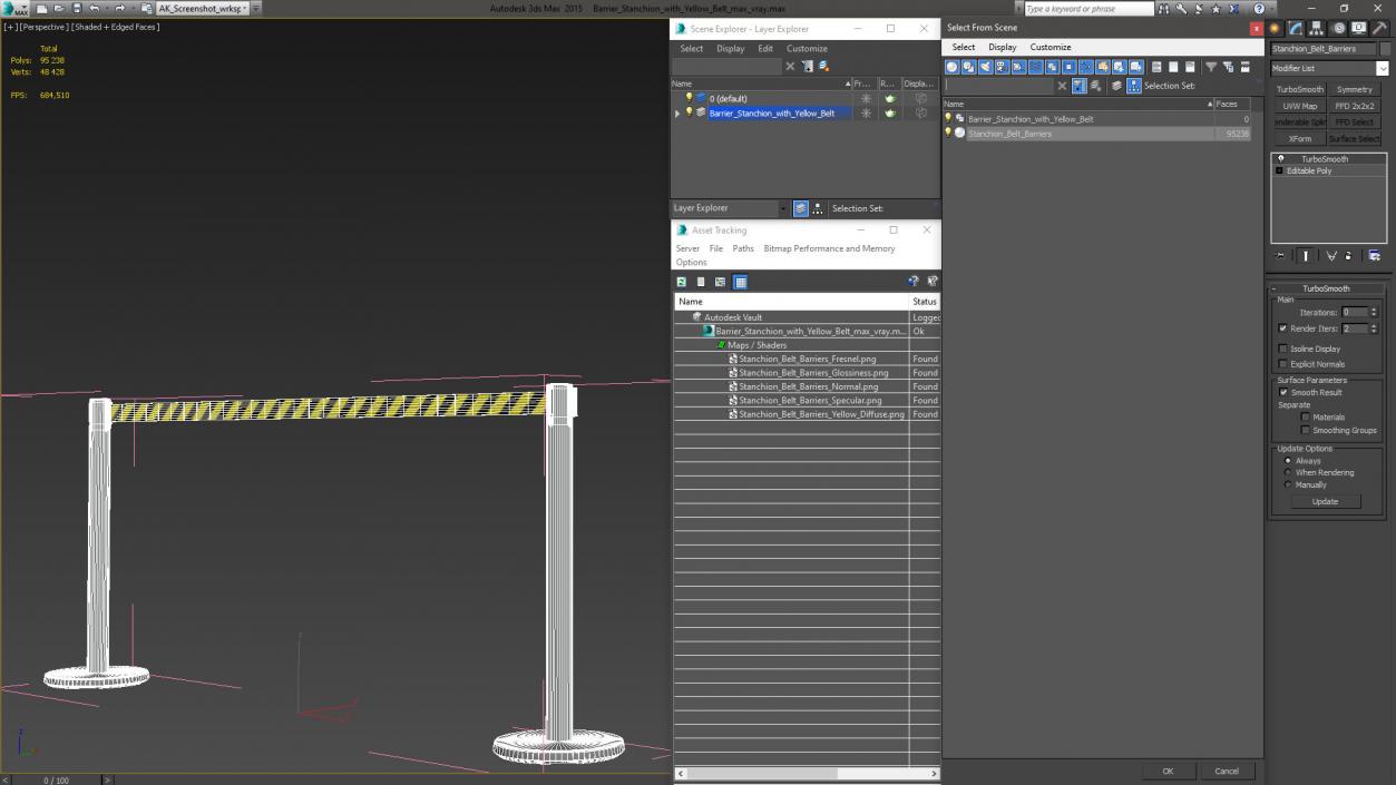 Barrier Stanchion with Yellow Belt 3D model