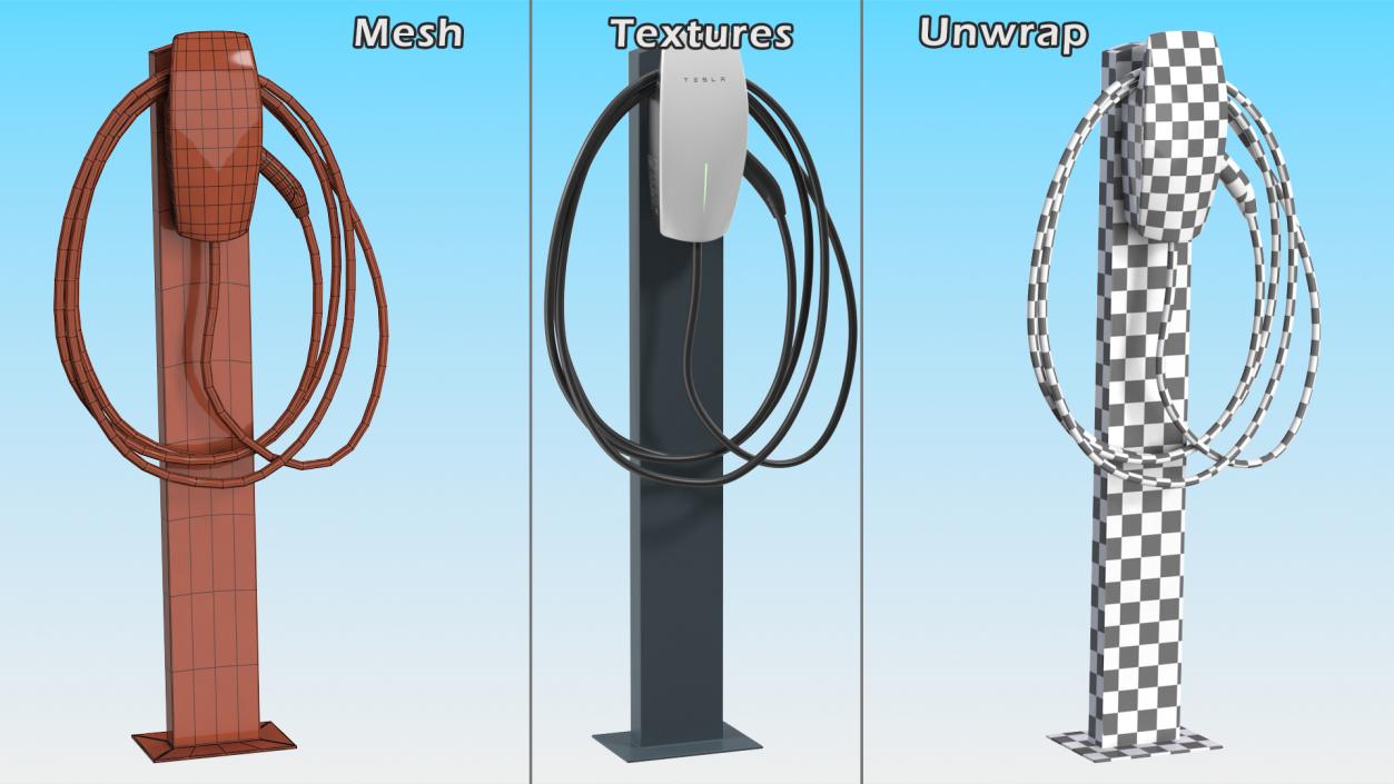 3D Pedestal Mounted EV Charging Station Tesla White model