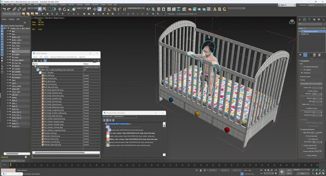 3D Toddler Girl in Bed Standing model