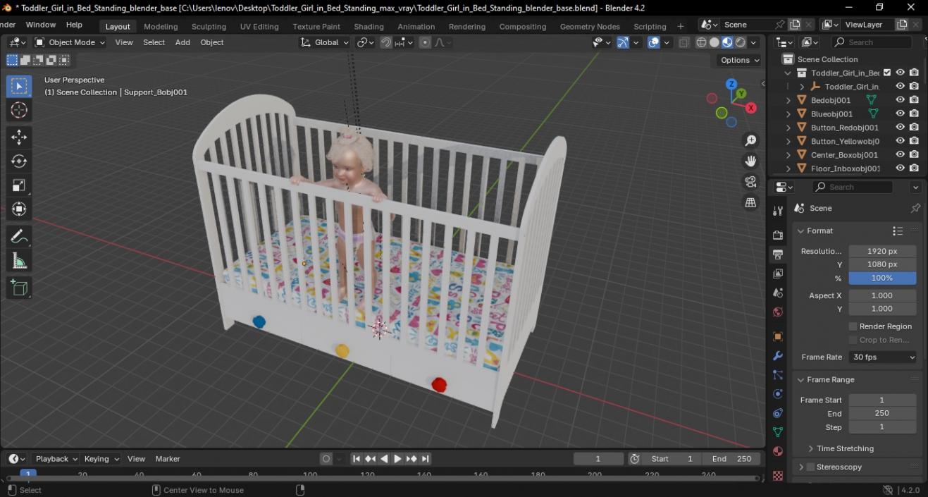 3D Toddler Girl in Bed Standing model