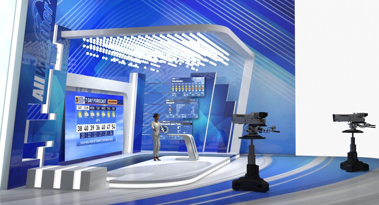 3D TV Studio with Cameras and Weather Presenter Rigged