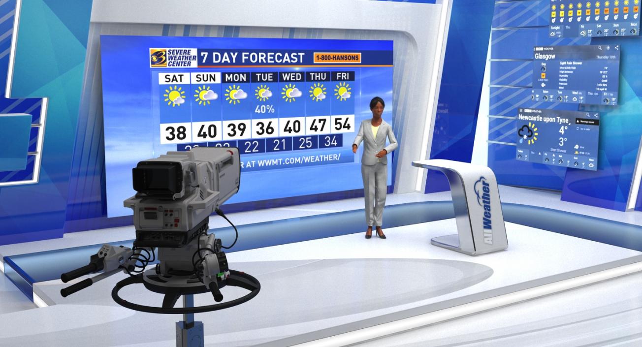 3D TV Studio with Cameras and Weather Presenter Rigged