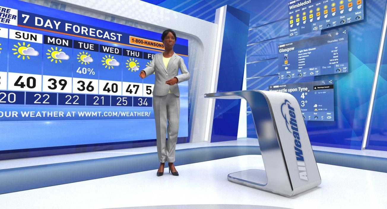 3D TV Studio with Cameras and Weather Presenter Rigged