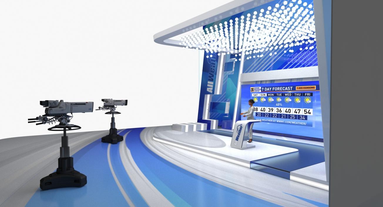 3D TV Studio with Cameras and Weather Presenter Rigged