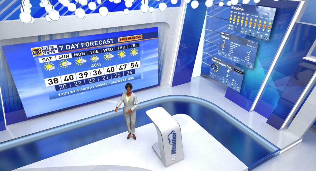 3D TV Studio with Cameras and Weather Presenter Rigged