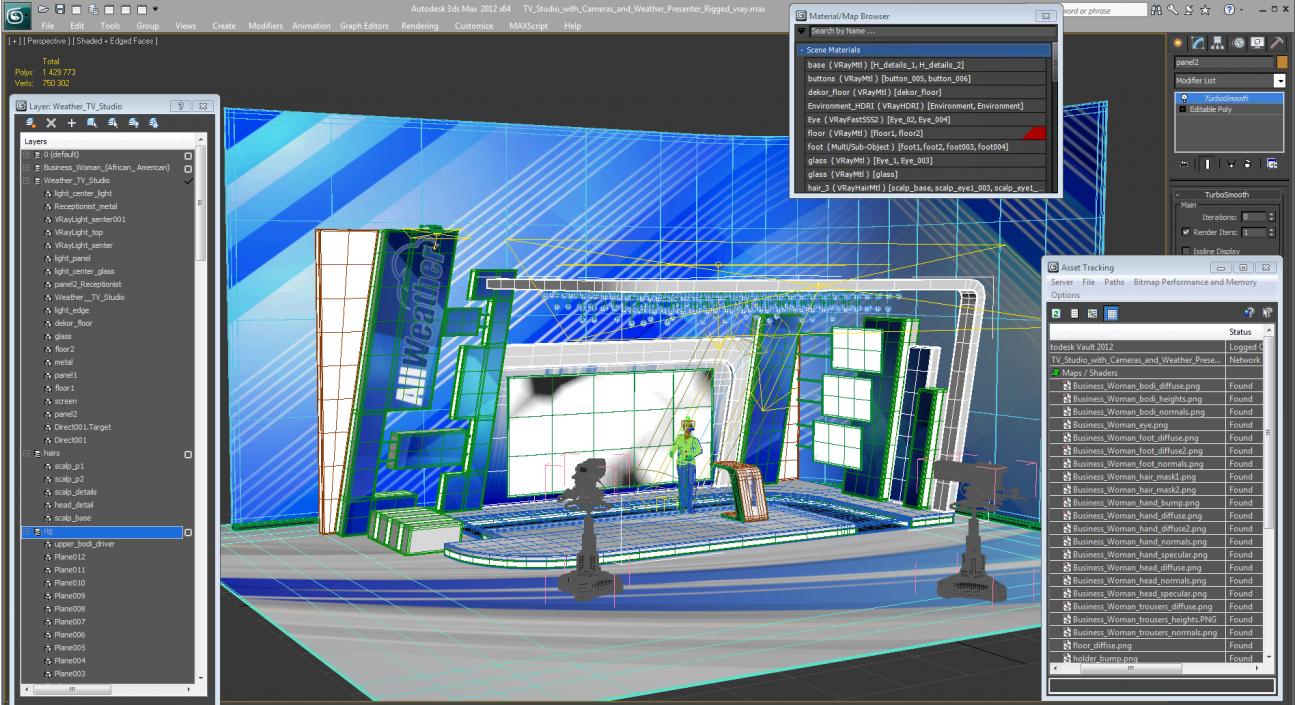 3D TV Studio with Cameras and Weather Presenter Rigged