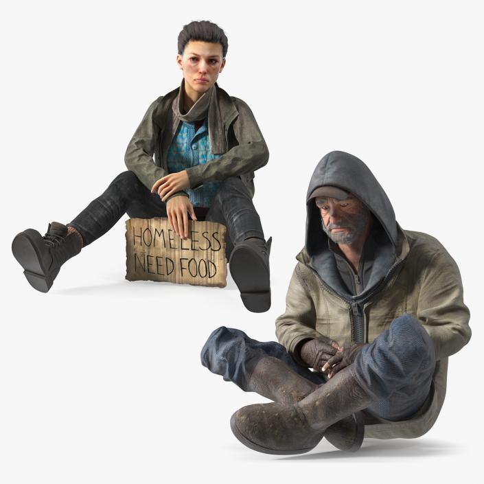 Seated Homeless Woman and Old Man Collection 3D model