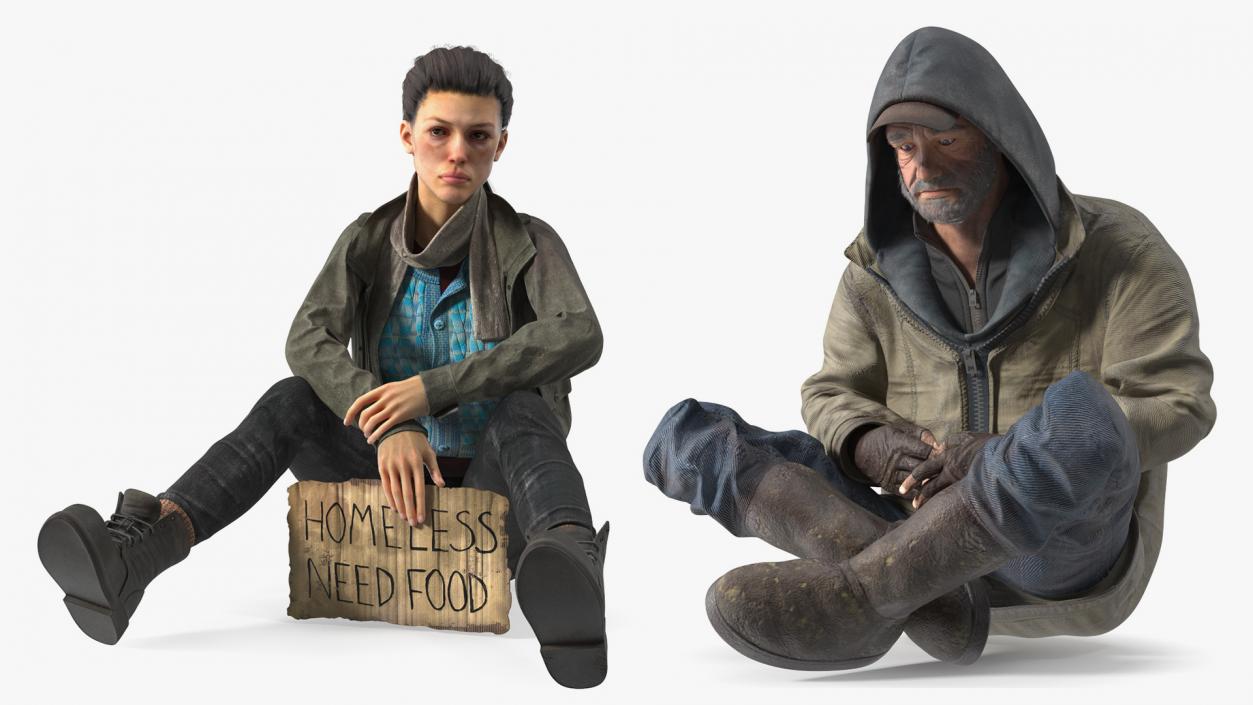 Seated Homeless Woman and Old Man Collection 3D model