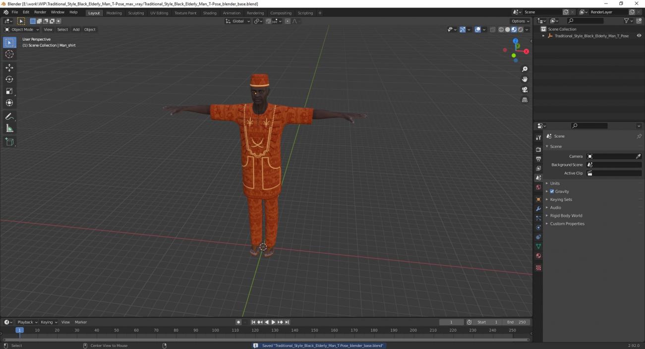 Traditional Style Black Elderly Man T-Pose 3D