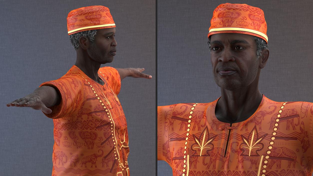 Traditional Style Black Elderly Man T-Pose 3D