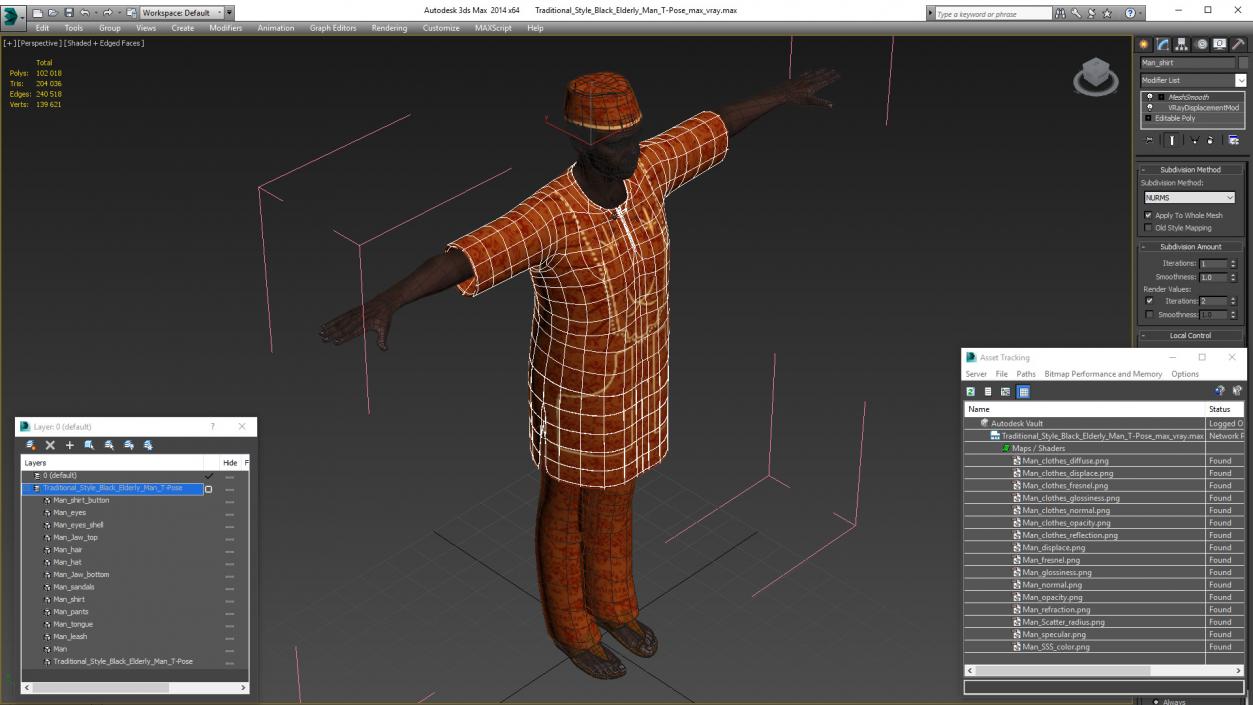 Traditional Style Black Elderly Man T-Pose 3D