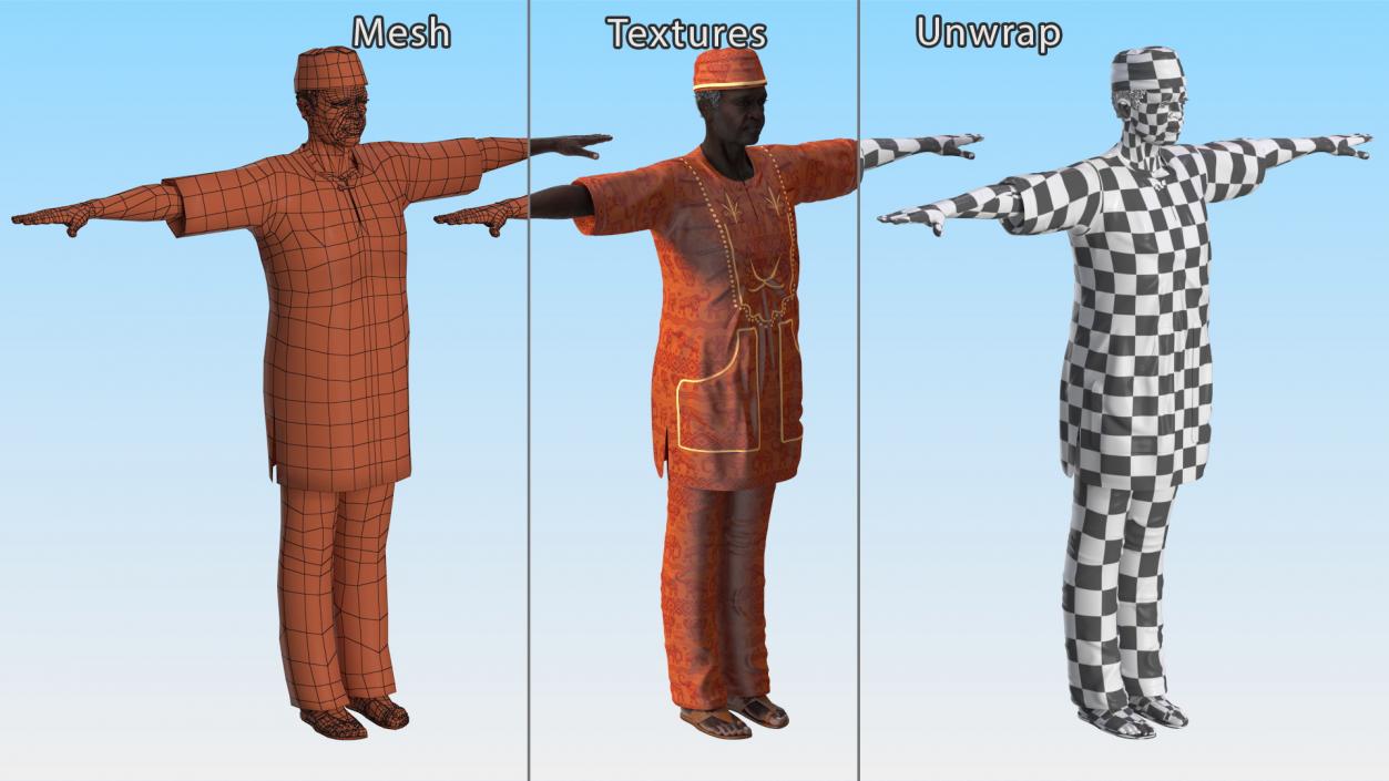 Traditional Style Black Elderly Man T-Pose 3D