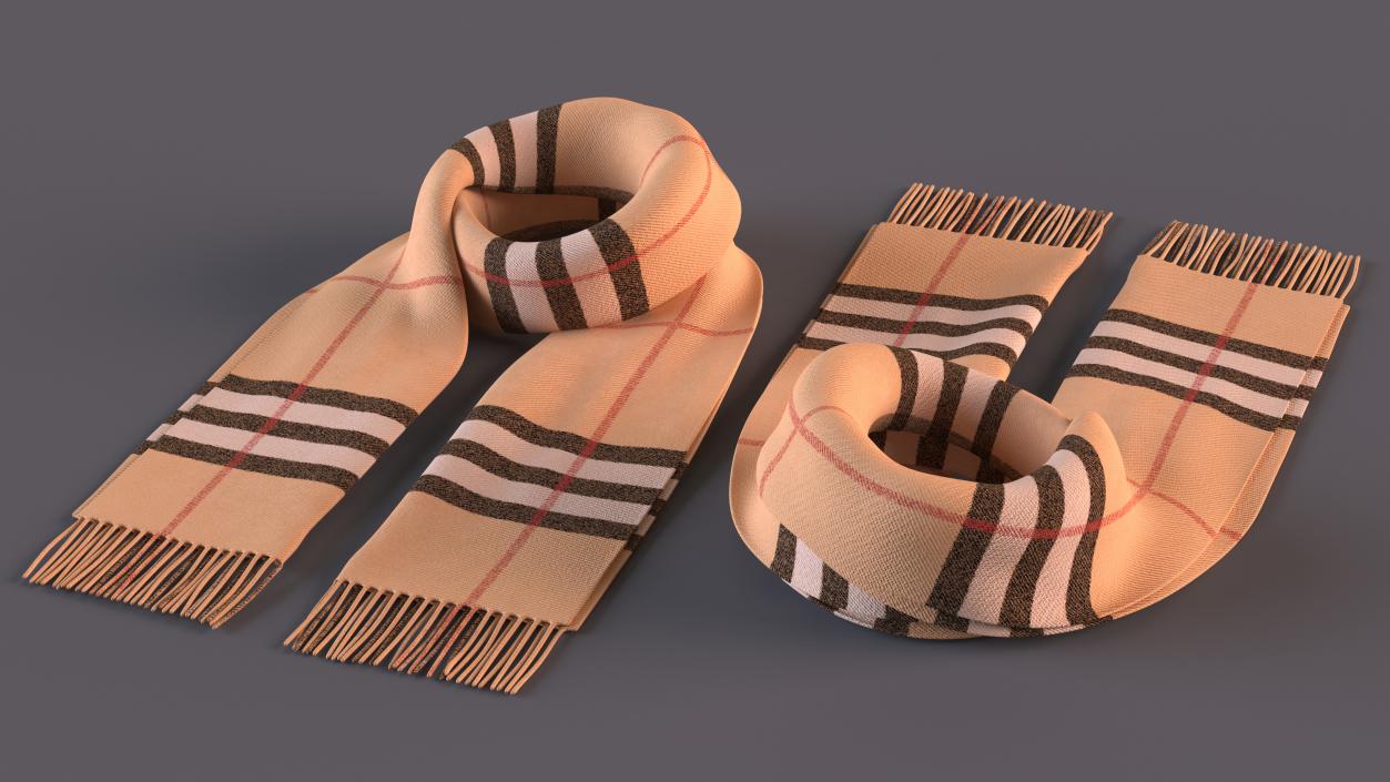 Rolled Fringed Beige Check Scarf 3D