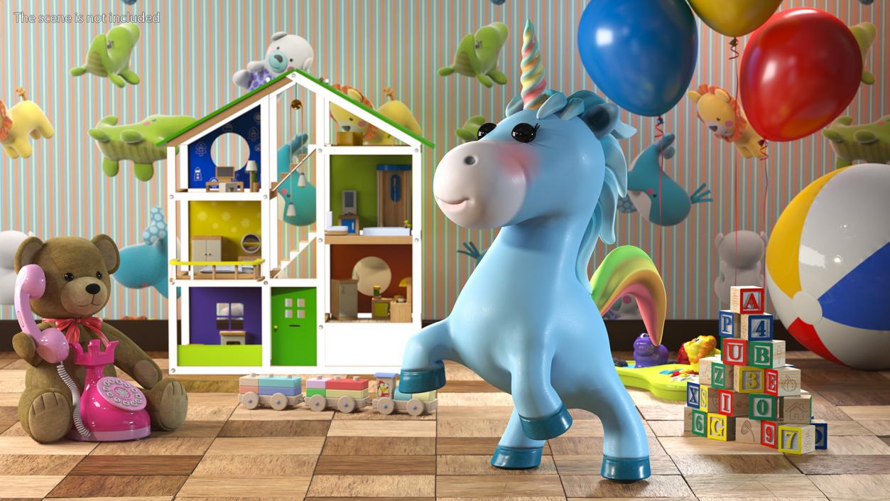 Blue Cartoon Unicorn Rigged 3D