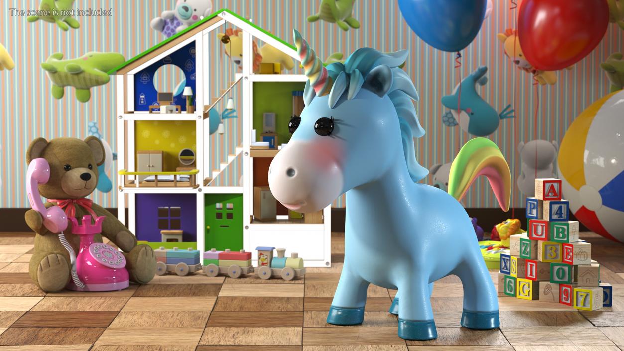 Blue Cartoon Unicorn Rigged 3D