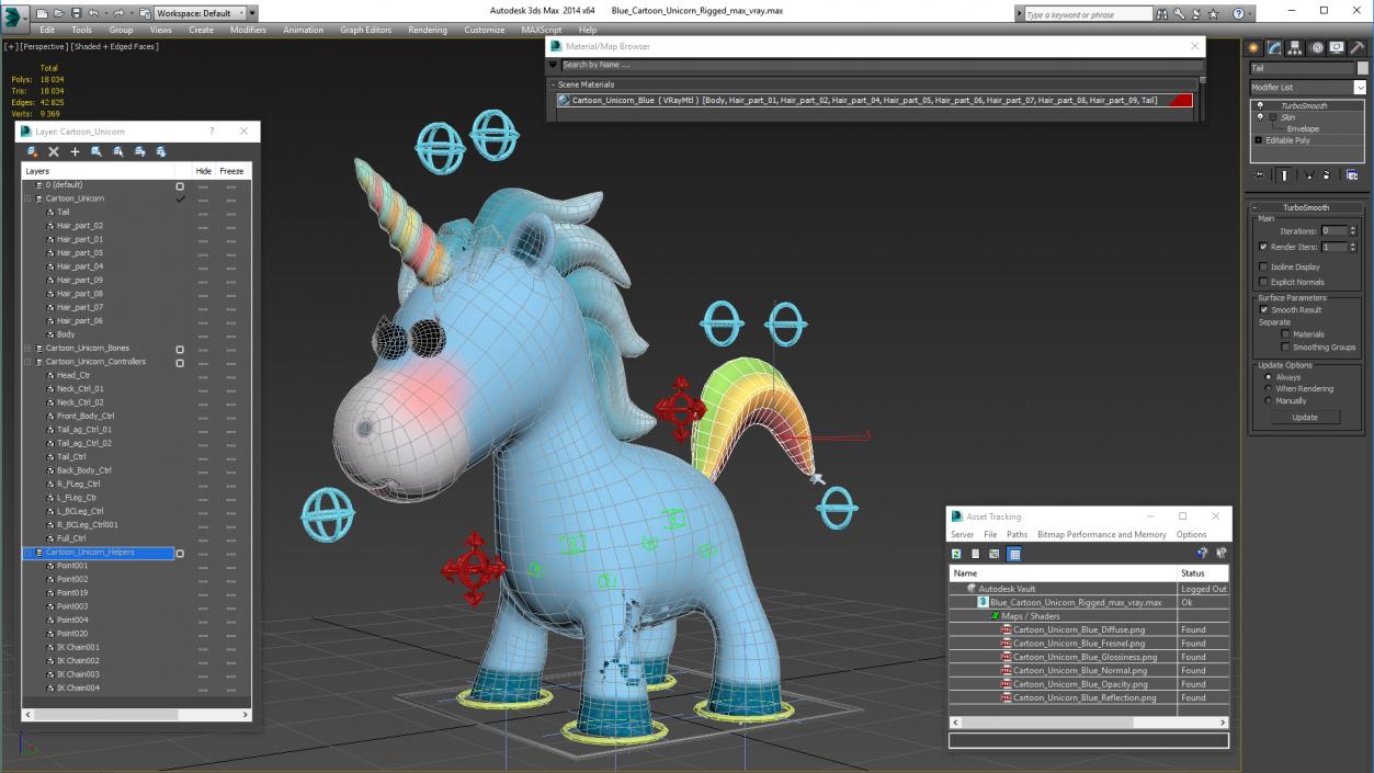 Blue Cartoon Unicorn Rigged 3D