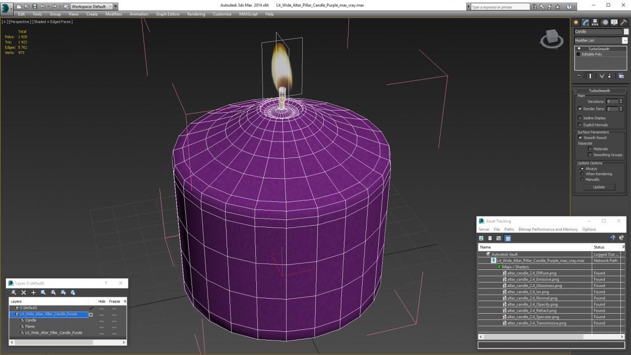 3D model Lit Wide Altar Pillar Candle Purple