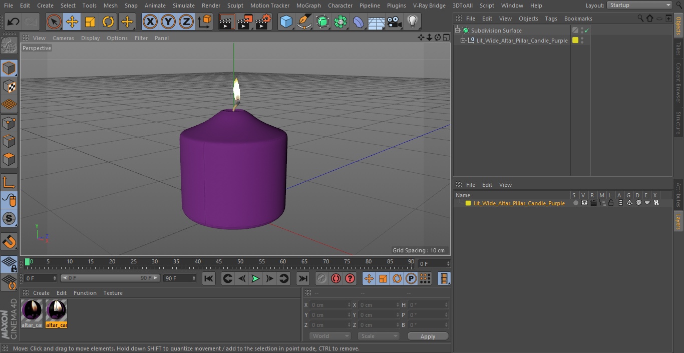 3D model Lit Wide Altar Pillar Candle Purple