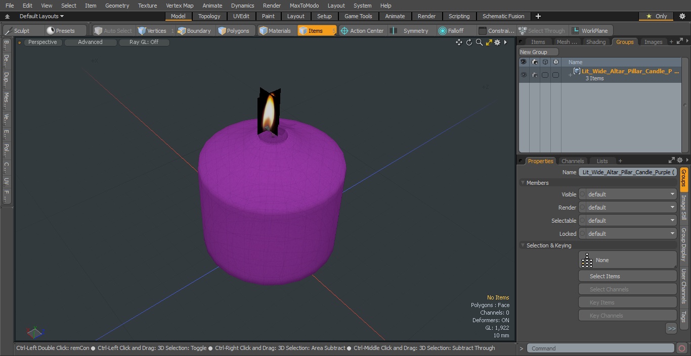 3D model Lit Wide Altar Pillar Candle Purple