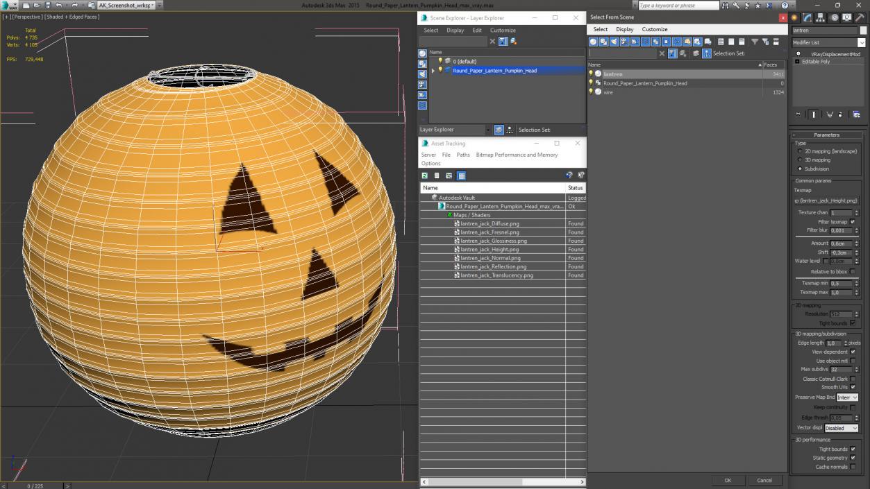 Round Paper Lantern Pumpkin Head 3D