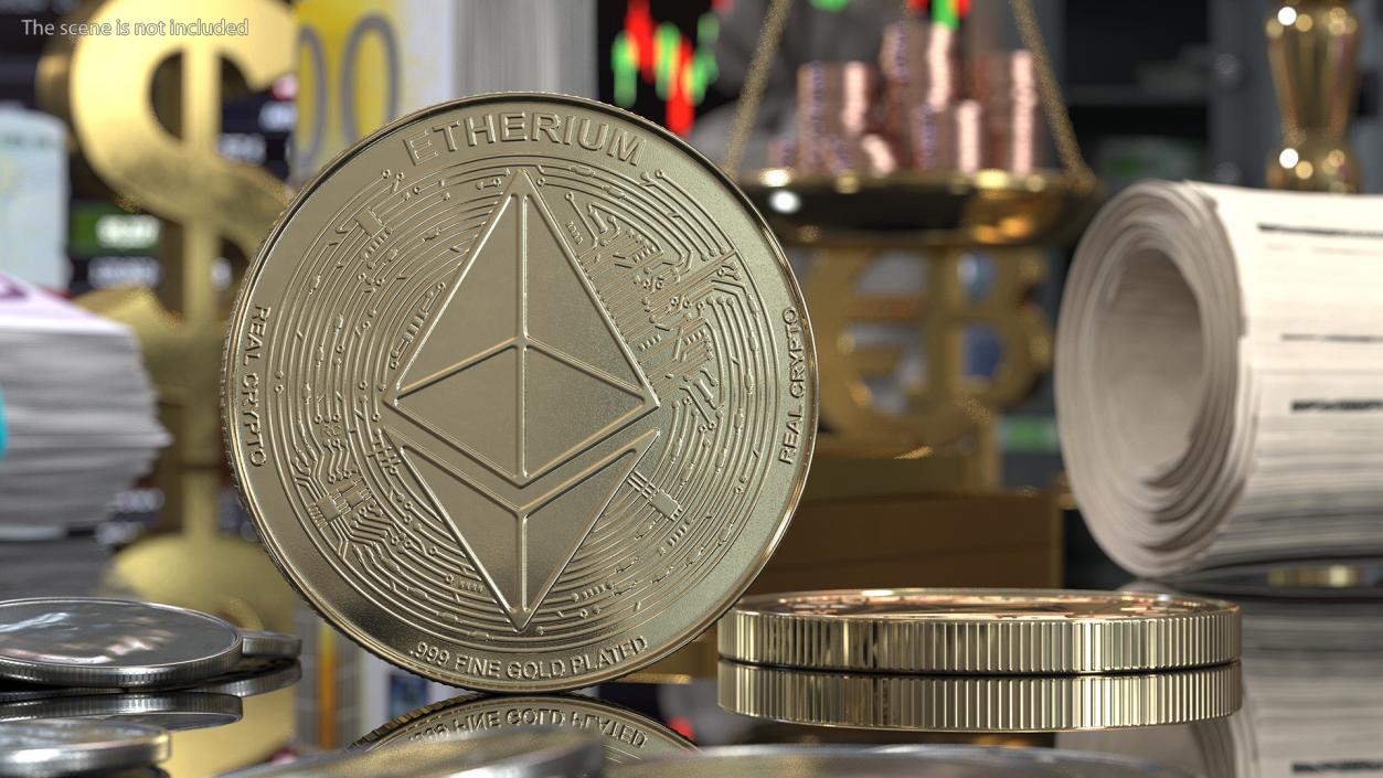 Ethereum ETH Cryptocurrency Golden Coin 3D model