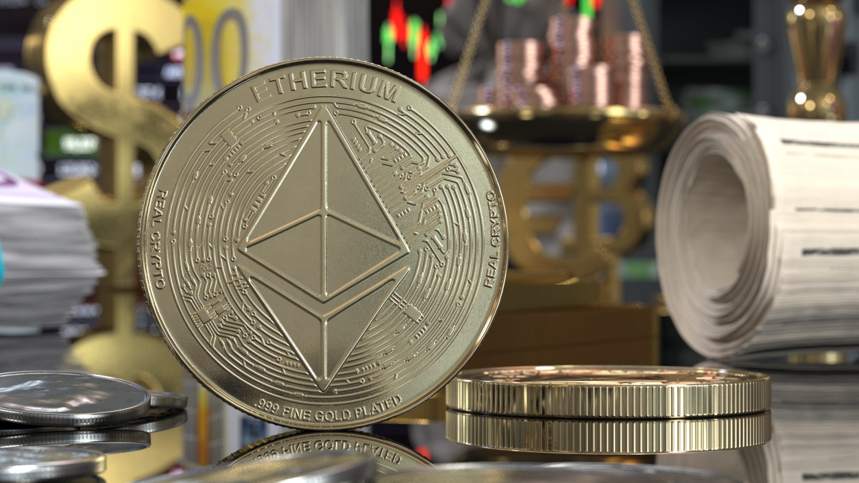 Ethereum ETH Cryptocurrency Golden Coin 3D model