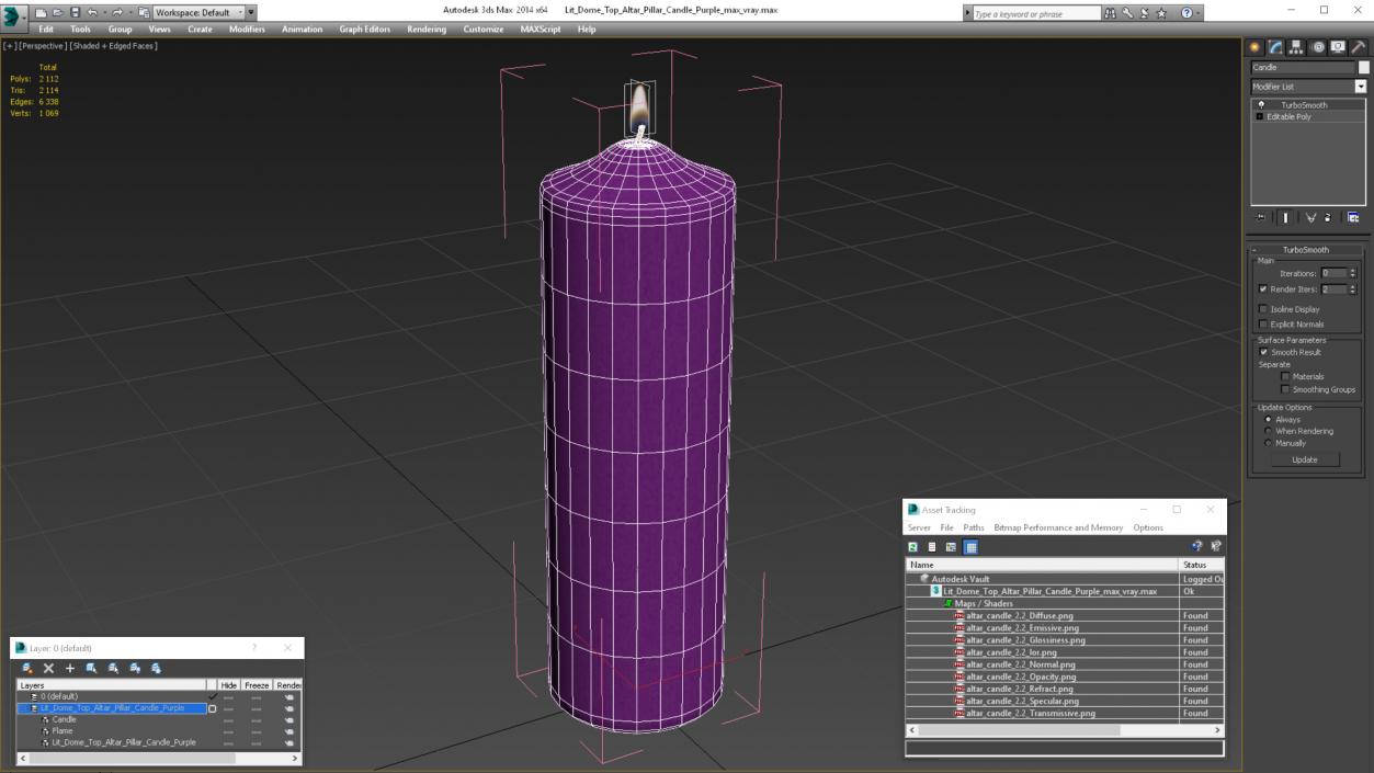 Lit Dome Top Altar Pillar Candle Purple 3D model