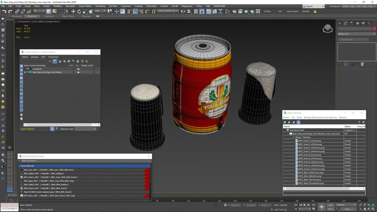 3D Beer Keg and Mugs Set Mockup model