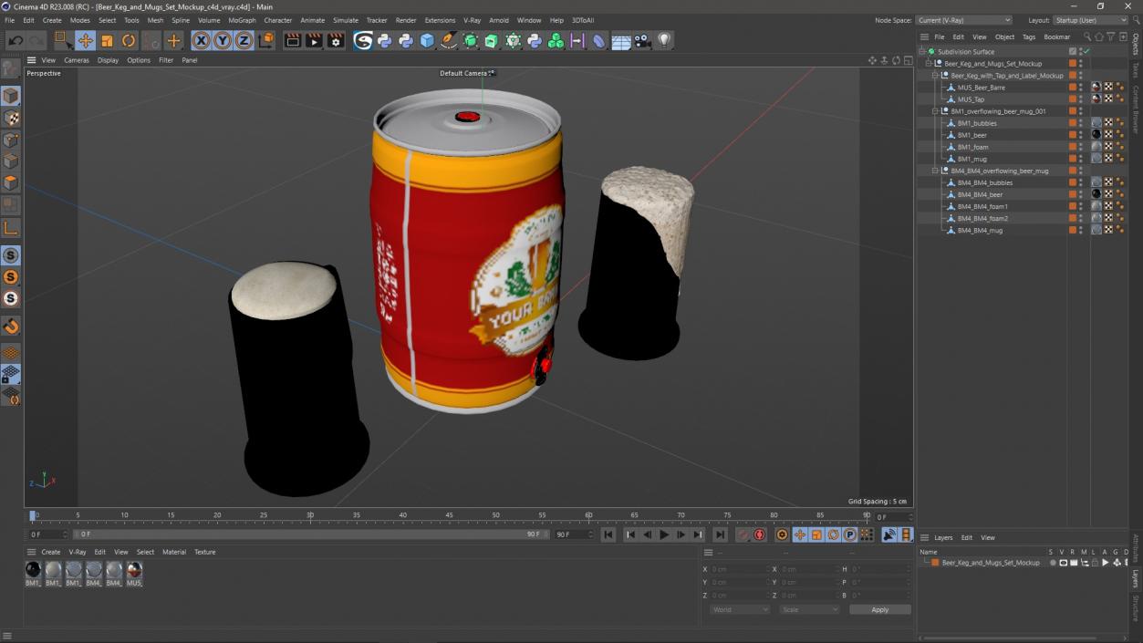 3D Beer Keg and Mugs Set Mockup model