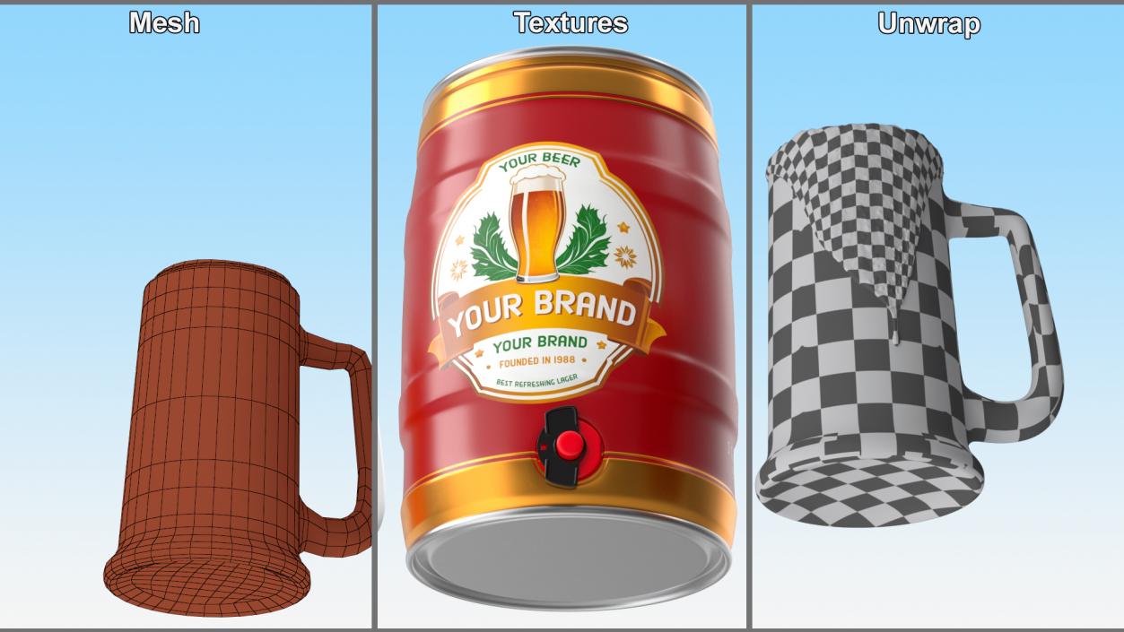 3D Beer Keg and Mugs Set Mockup model