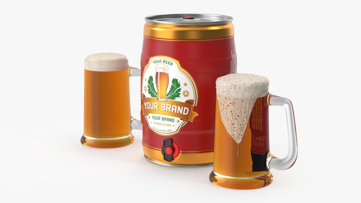 3D Beer Keg and Mugs Set Mockup model