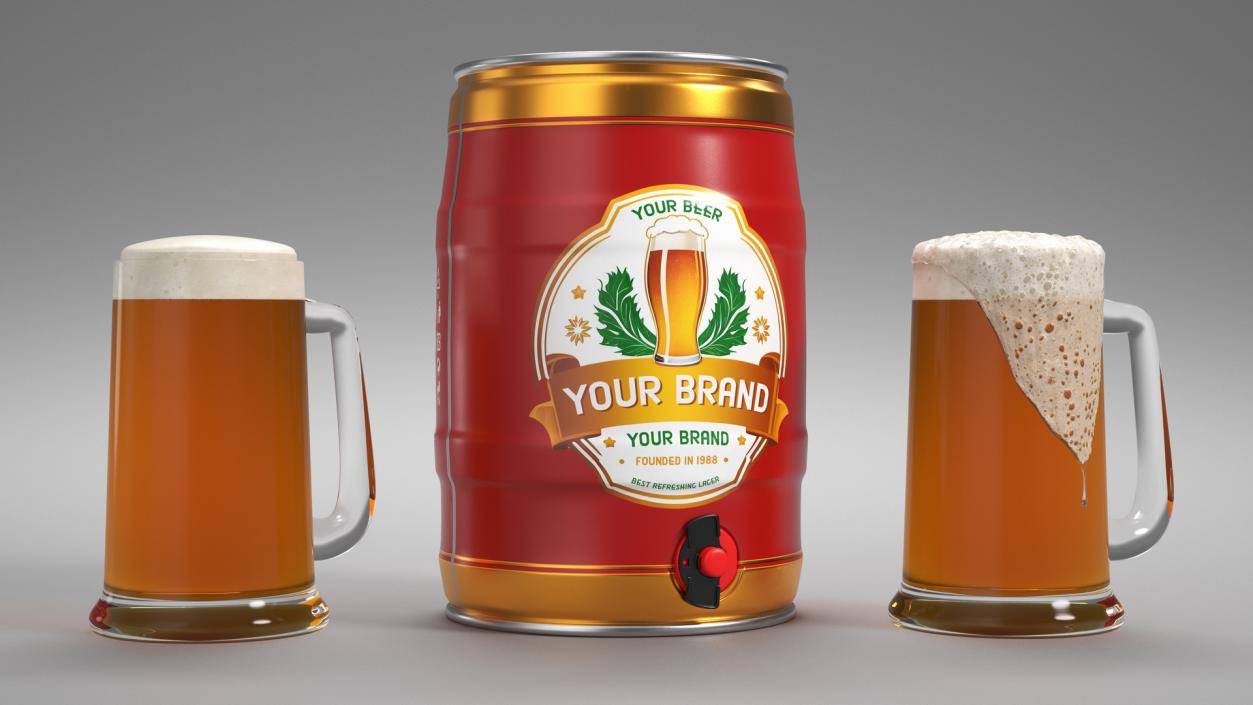 3D Beer Keg and Mugs Set Mockup model