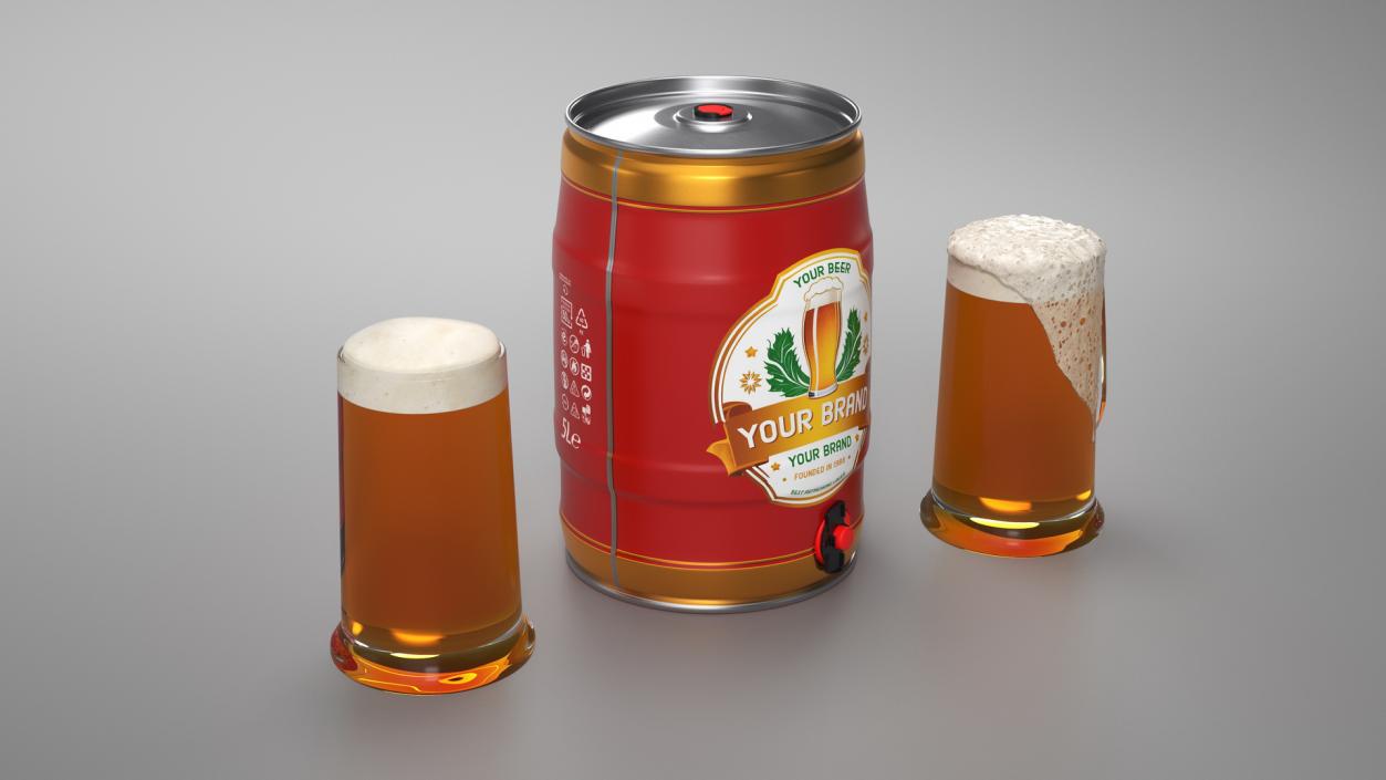 3D Beer Keg and Mugs Set Mockup model