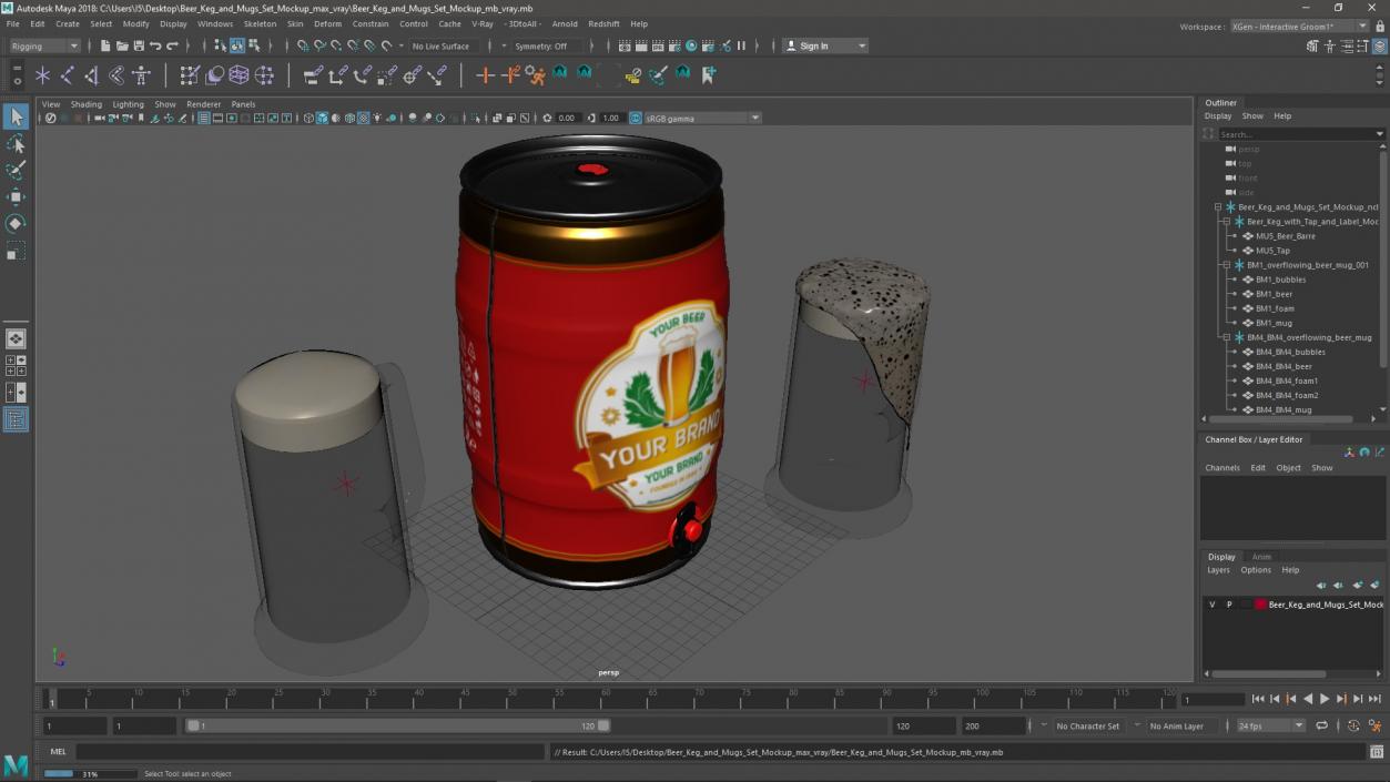 3D Beer Keg and Mugs Set Mockup model