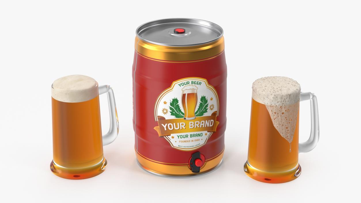 3D Beer Keg and Mugs Set Mockup model