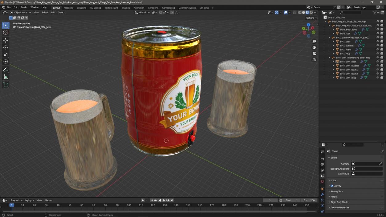 3D Beer Keg and Mugs Set Mockup model