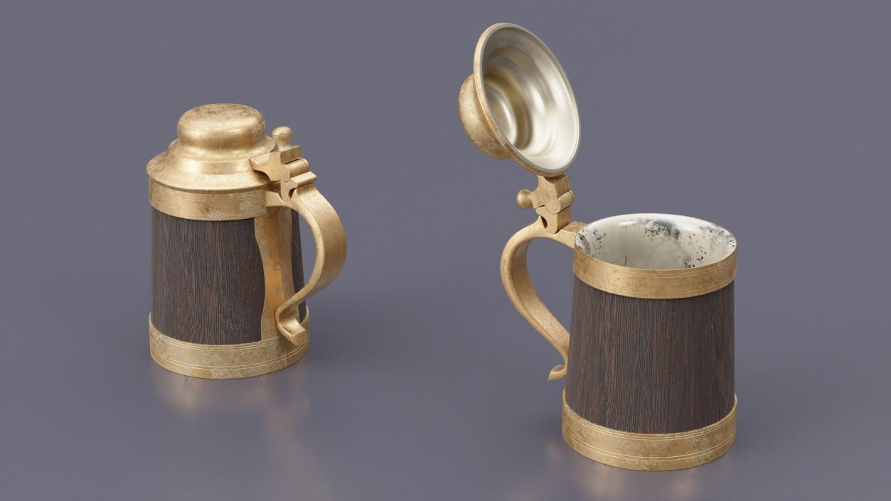 3D model Antique Wooden Beer Mug with Metallic Accents