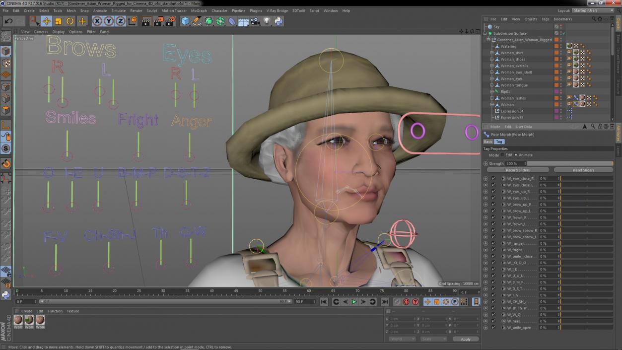 3D Gardener Asian Woman Rigged for Cinema 4D