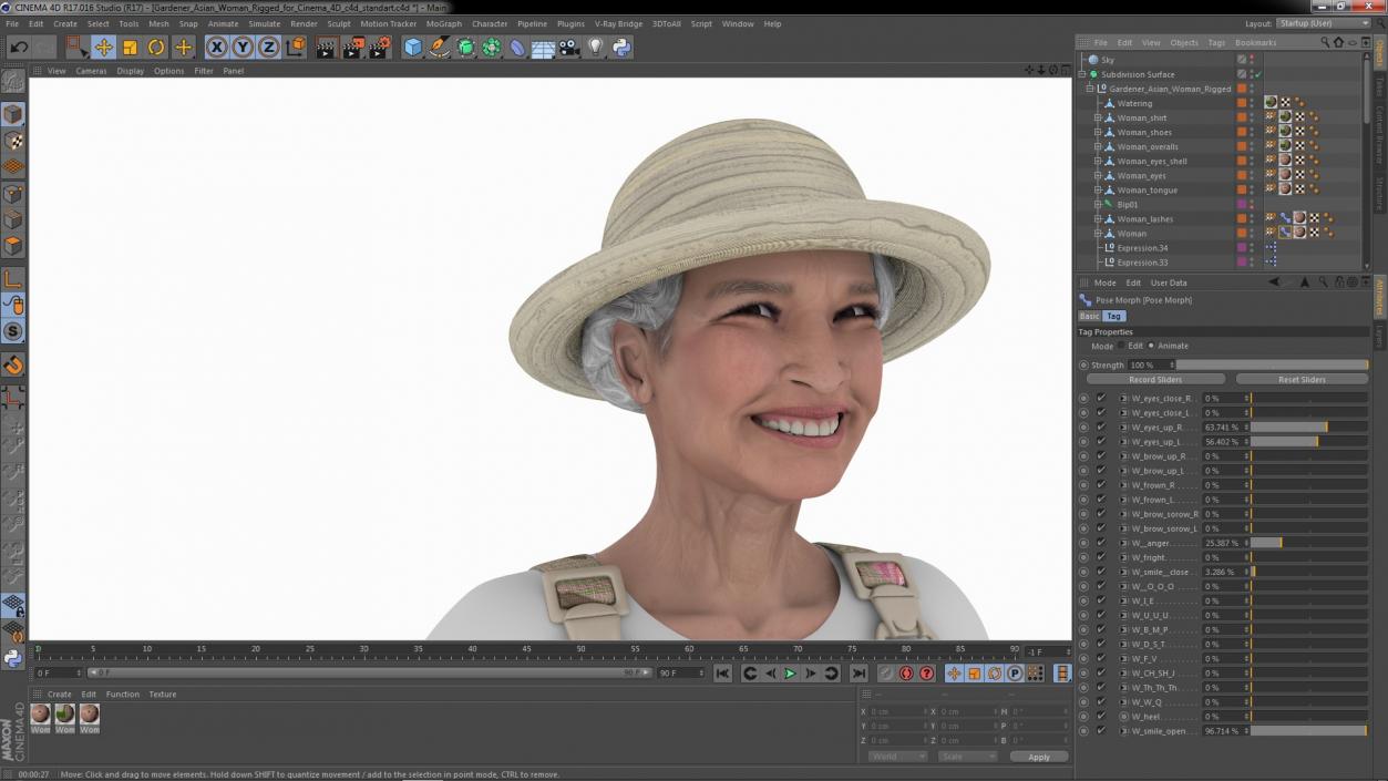 3D Gardener Asian Woman Rigged for Cinema 4D