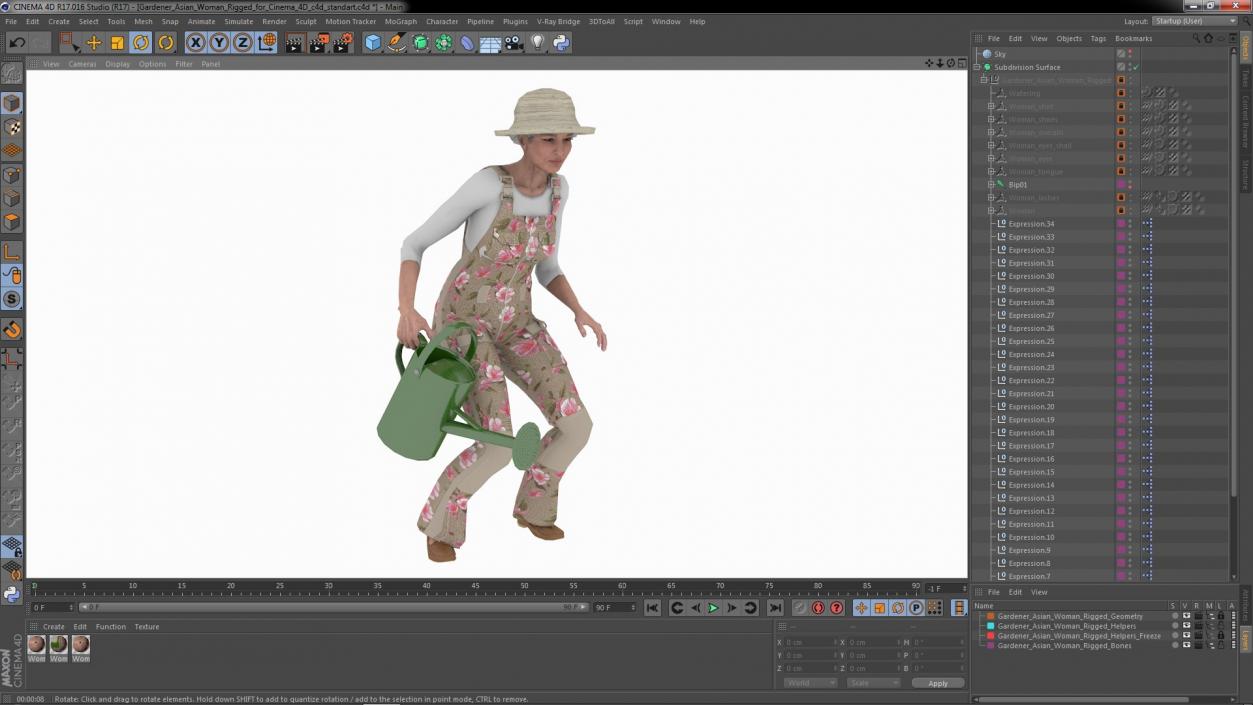 3D Gardener Asian Woman Rigged for Cinema 4D