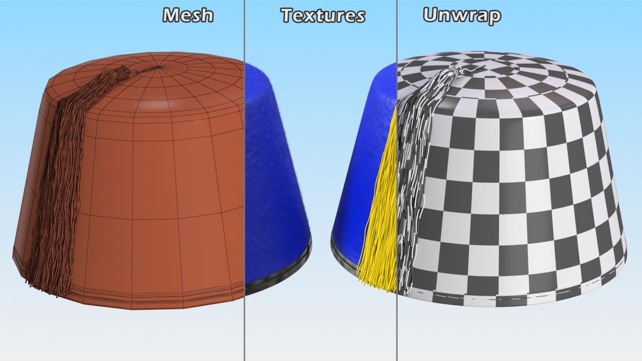 Traditional Arabic Blue Fez Hat With Yellow Tassel Fur 3D model