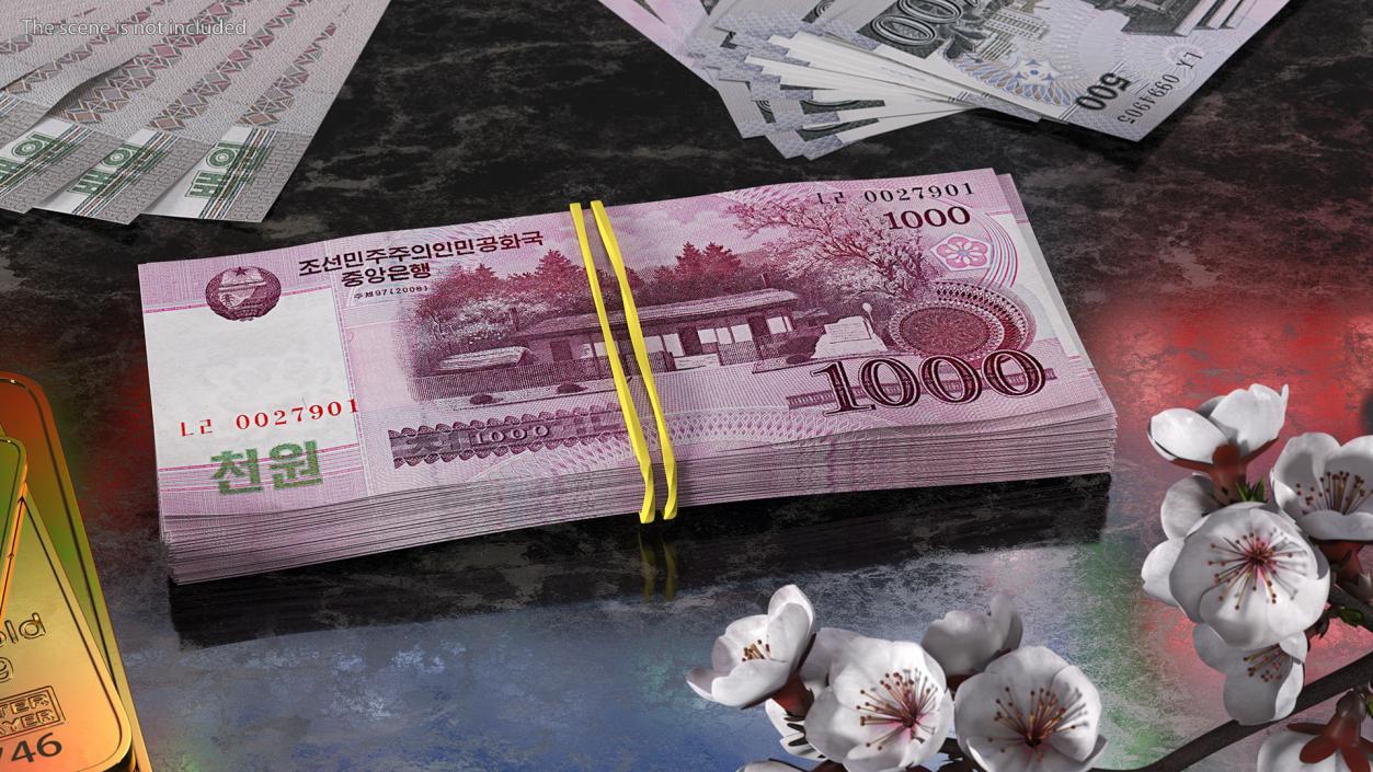 Stack of North Korea 1000 Won 3D model