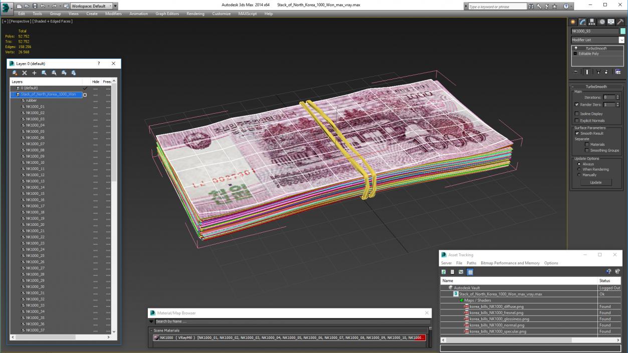 Stack of North Korea 1000 Won 3D model